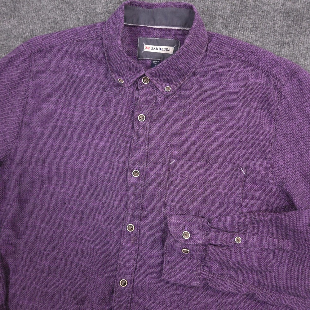 32 Bar Blues Shirt Mens Large Purple Linen Cotton Blend Long Sleeve Button Down